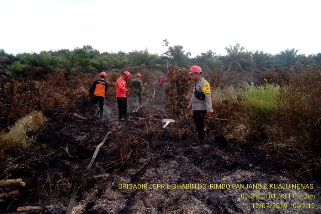 Pasca Kebakaran Lahan, Anggota Polsek Tambang, Babinsa dan Manggala Agni Lakukan Proses Pendinginan