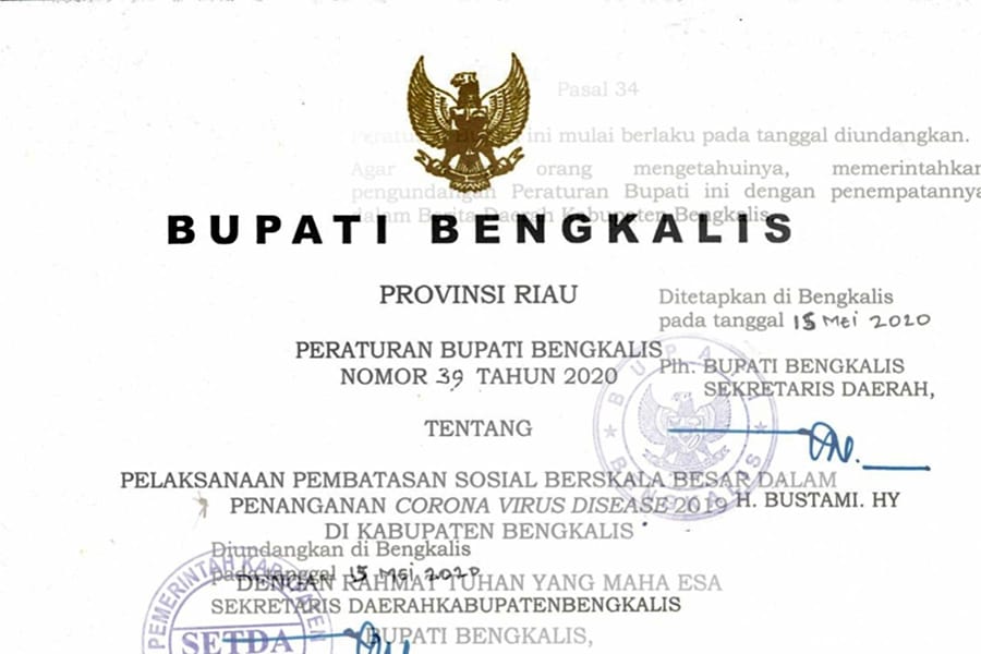 Percepatan Penanganan Covid-19, Bupati Bengkalis Terbitkan Perbup Nomor 39 Tahun 2020