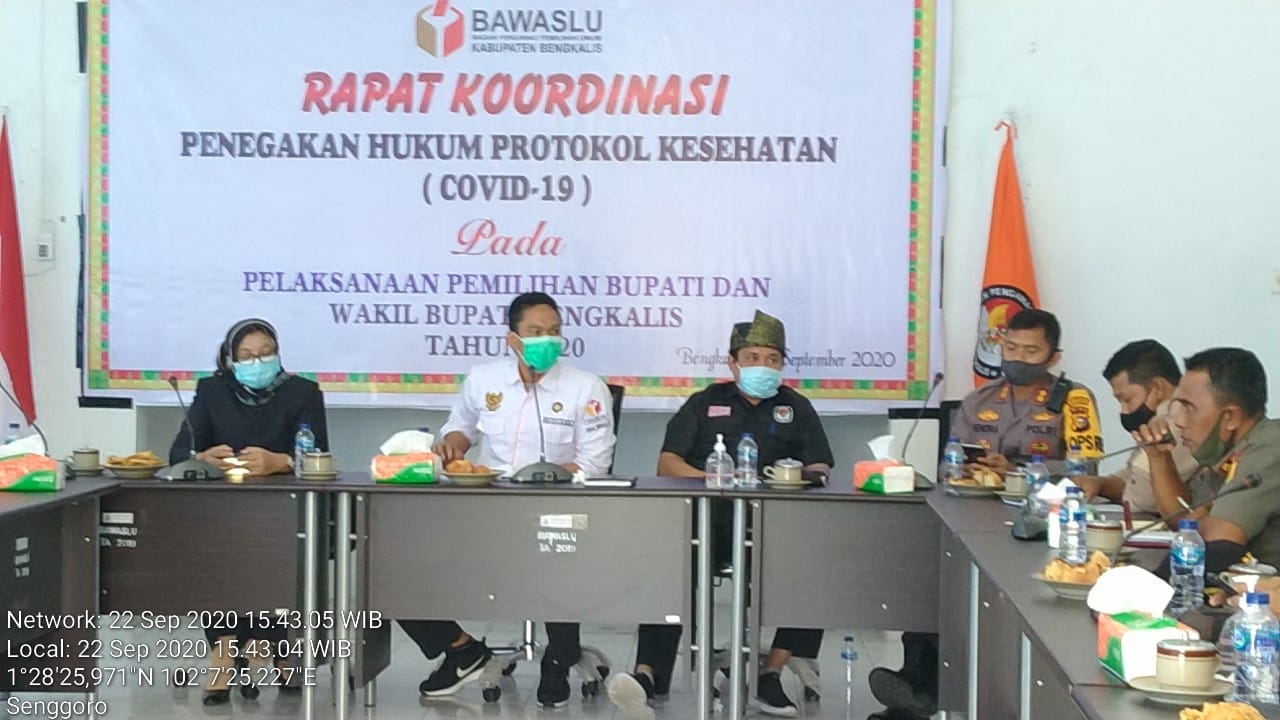 Bawaslu kabupaten Bengkalis Rapat Koordinasi Penegakan Hukum Protokol Kesehatan Pelaksanaan Pilkada