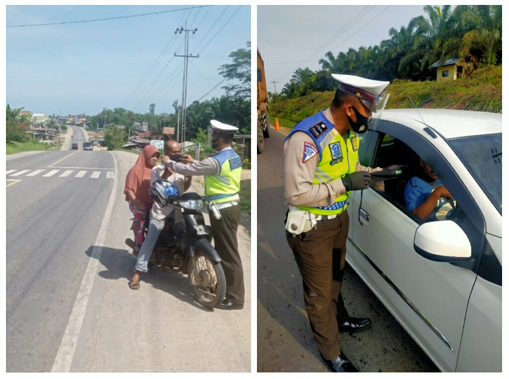 Pos Lantas Ukui Bagikan Masker Dalam Rangka OPS Zebra Lancang Kuning 2020 Polres Pelalawan