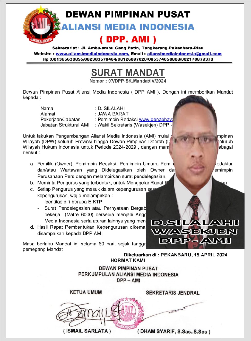 Kembangkan Sayap, DPP AMI Memberikan Mandat Kepada D.Silalahi Selaku Wasekjen