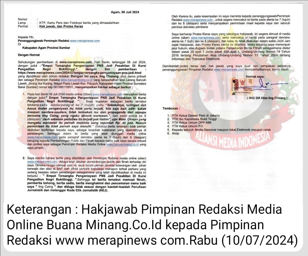 Diduga Cemarkan Nama Baik,Pimpinan Redaksi Banuaminang.co.id Iing Chaiang Layangkan Hak Jawab Kepada Merapinews.com